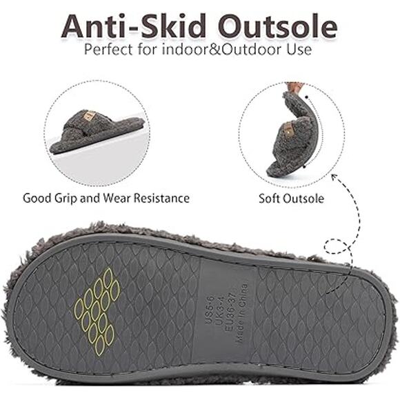 Goewy Womens Size 7-8 Gray Open Toe Fuzzy Memory Foam Slide On Slipper Shoes - Picture 4 of 5